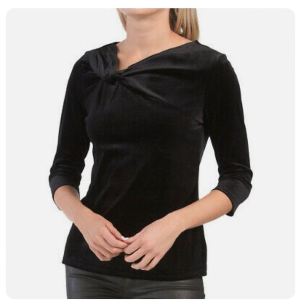 Andrea Jovine Velvet Twist Front Black Top M 3/4 Sleeve NWOT
